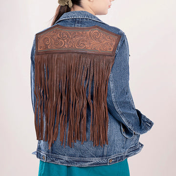 ADJKT004 Genuine leather Hand tooled hand carved Women 100% cotton Denim jacket dress ladies girl